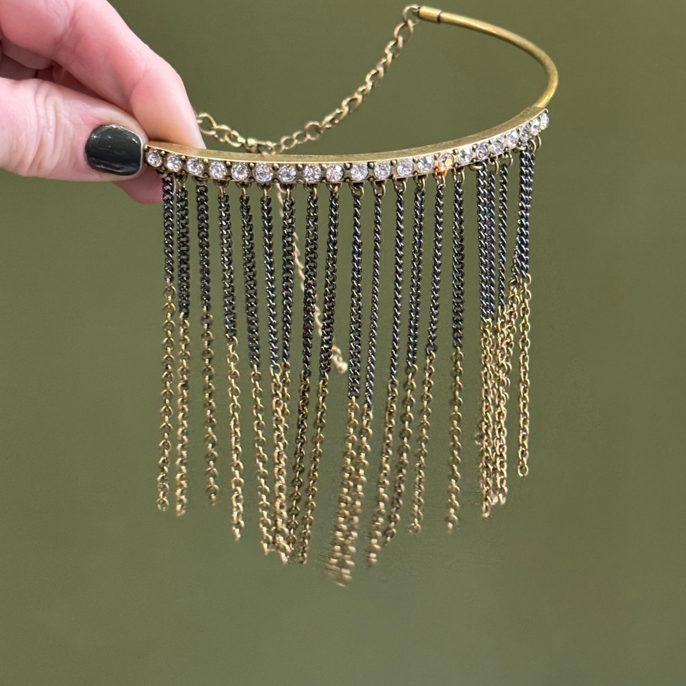 Rhinestone Fringe Choker Necklace Gold Tone Boho Festival Y2K Statement - Picture 2 of 10